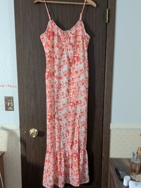 Chelsea28 Coral and White Printed Maxi Dress with Ruffle Hem